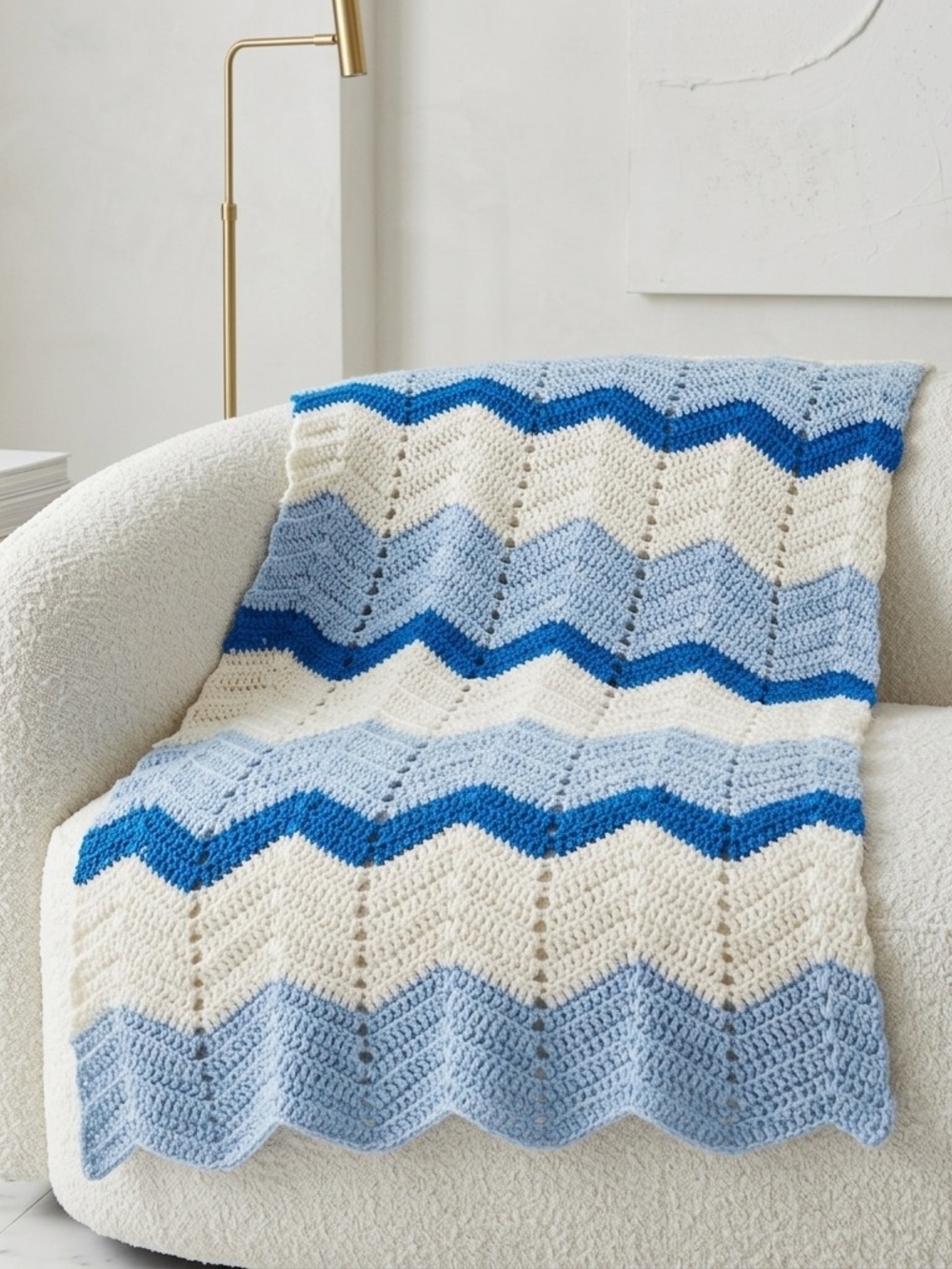 Handmade Blue White Chevron Ripple Crochet Baby Blanket 24x36